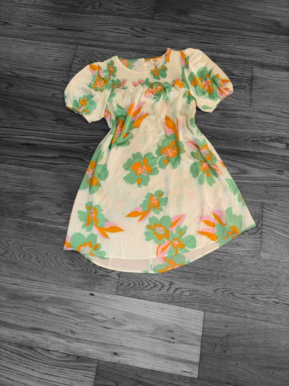 Umgee Cream Floral Puff Sleeve Dress with Green & Orange Accents